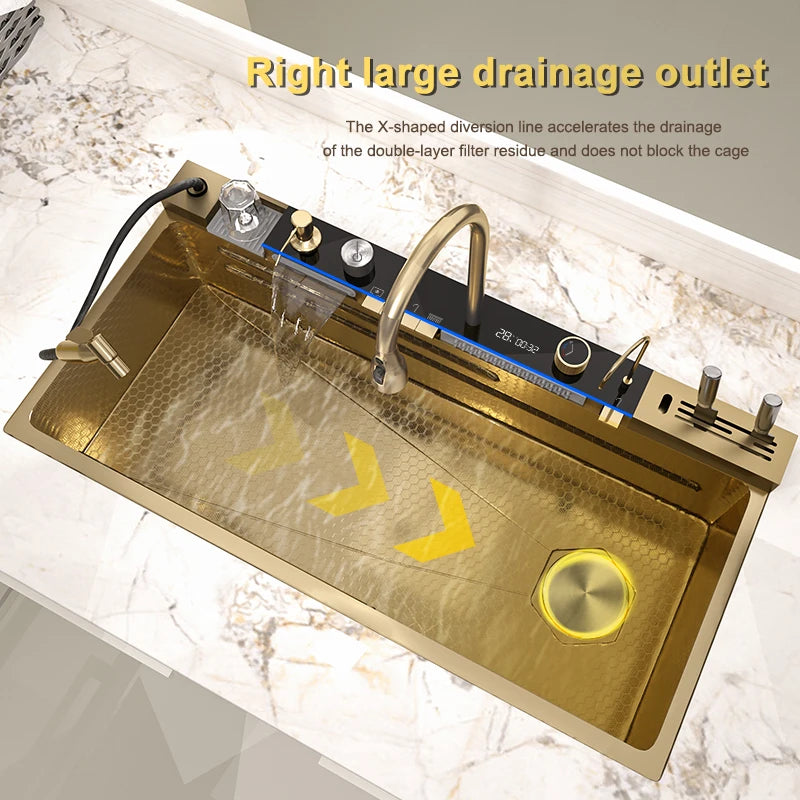 Stainless Steel Golden Kitchen Sink Faucet Waterfall Outlet