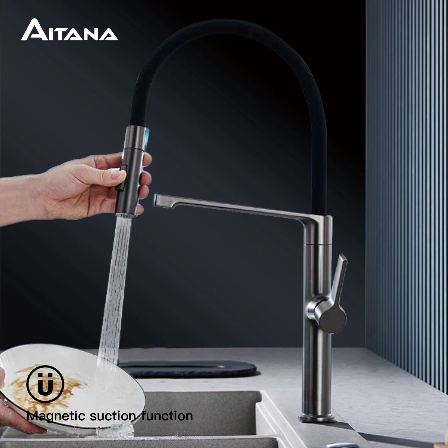 Luxury Gun Gray Kitchen Faucet with Magnetic Suction Design and Dual Control for Sink