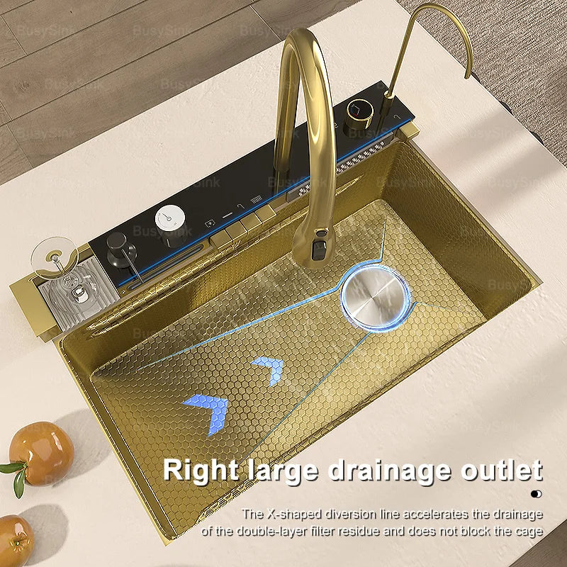 Stainless Steel Golden Kitchen Sink Faucet Waterfall Outlet