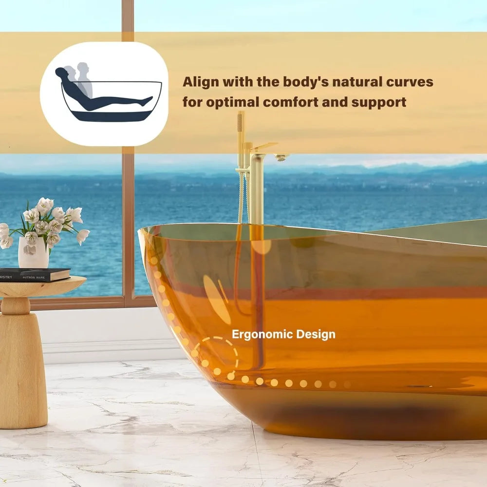 63" Freestanding Bathtub with Overflow and Pop-up Drain, Modern Oval Design for Soaking