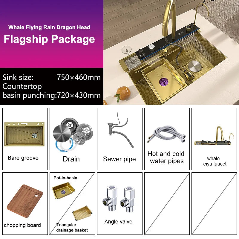 Stainless Steel Golden Kitchen Sink Faucet Waterfall Outlet