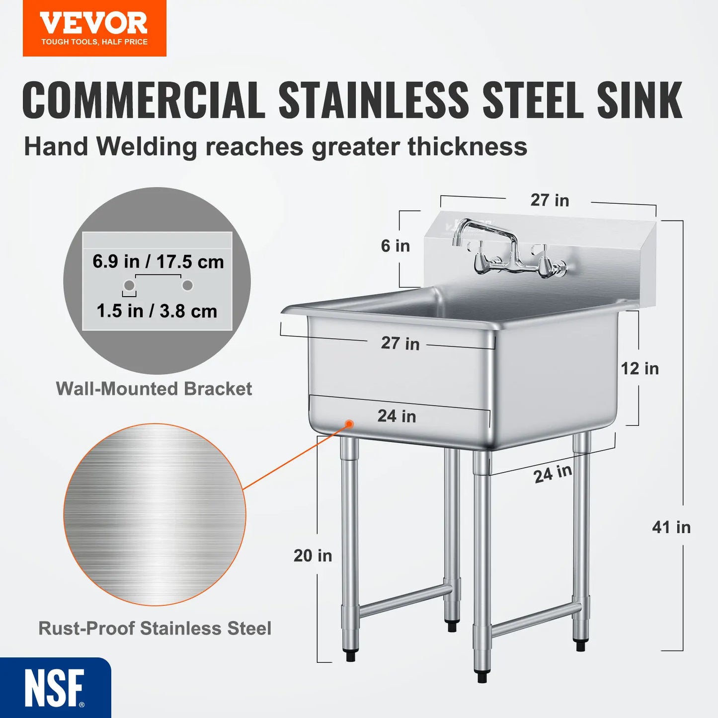 SucceBuy Stainless Steel Kitchen Prep Sink with Faucet Commercial Single Bowl Utility Sink