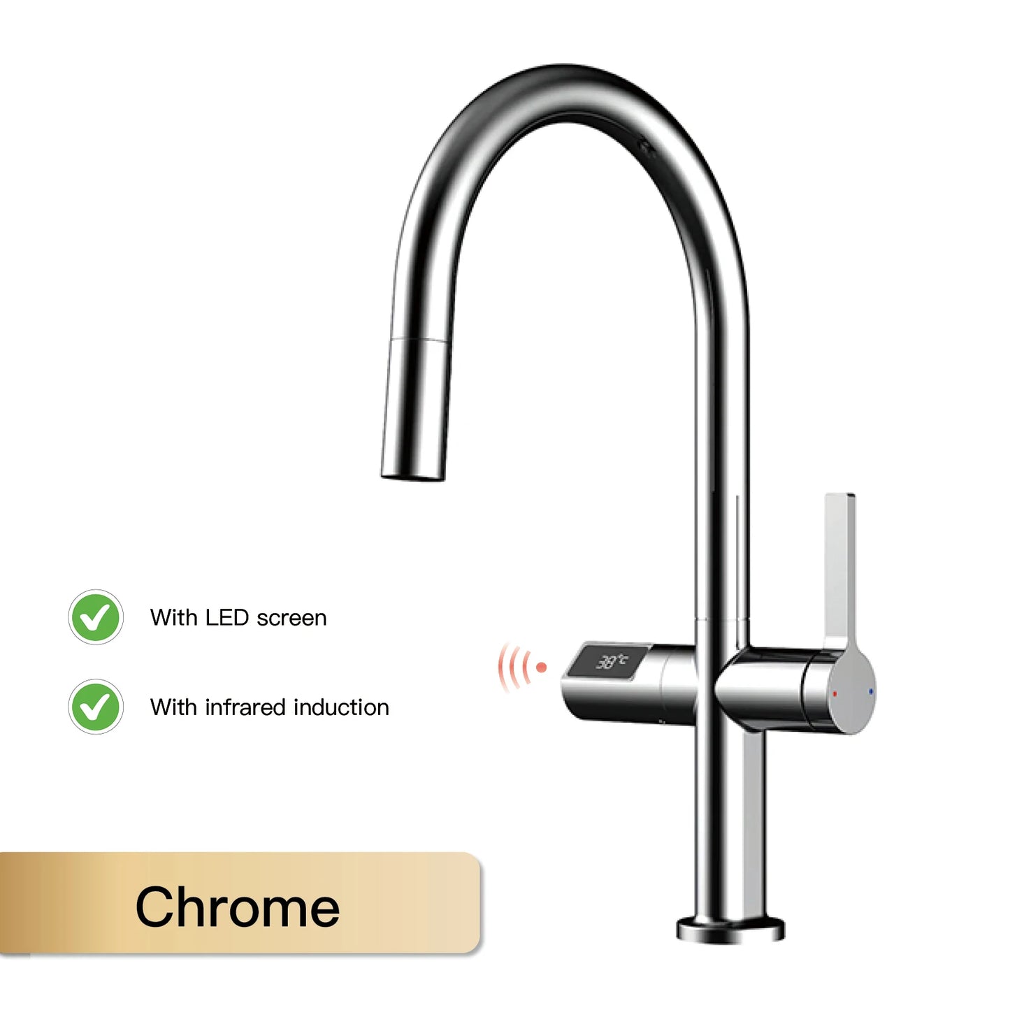 Luxury Brass Gun Gray Kitchen Faucet with LED Digital Sensing and Pull-Out Hot Cold Tap