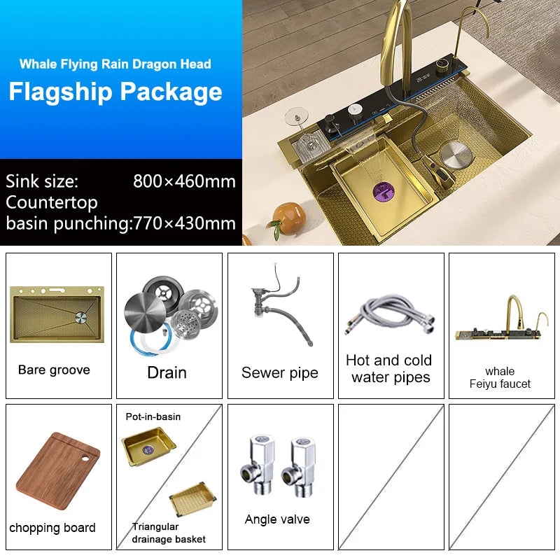 Stainless Steel Golden Kitchen Sink Faucet Waterfall Outlet
