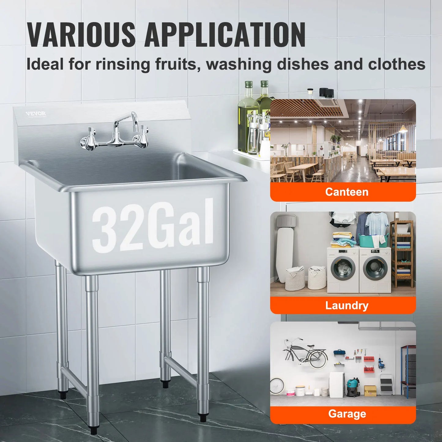 SucceBuy Stainless Steel Kitchen Prep Sink with Faucet Commercial Single Bowl Utility Sink