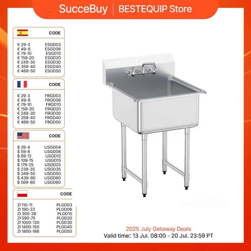 SucceBuy Stainless Steel Kitchen Prep Sink with Faucet Commercial Single Bowl Utility Sink