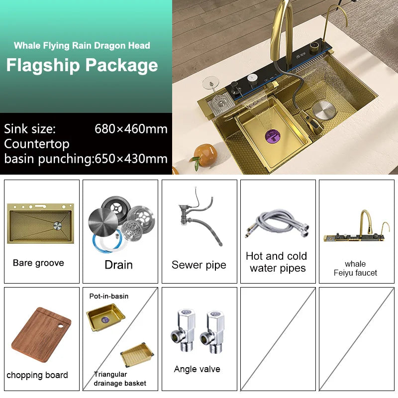 Stainless Steel Golden Kitchen Sink Faucet Waterfall Outlet