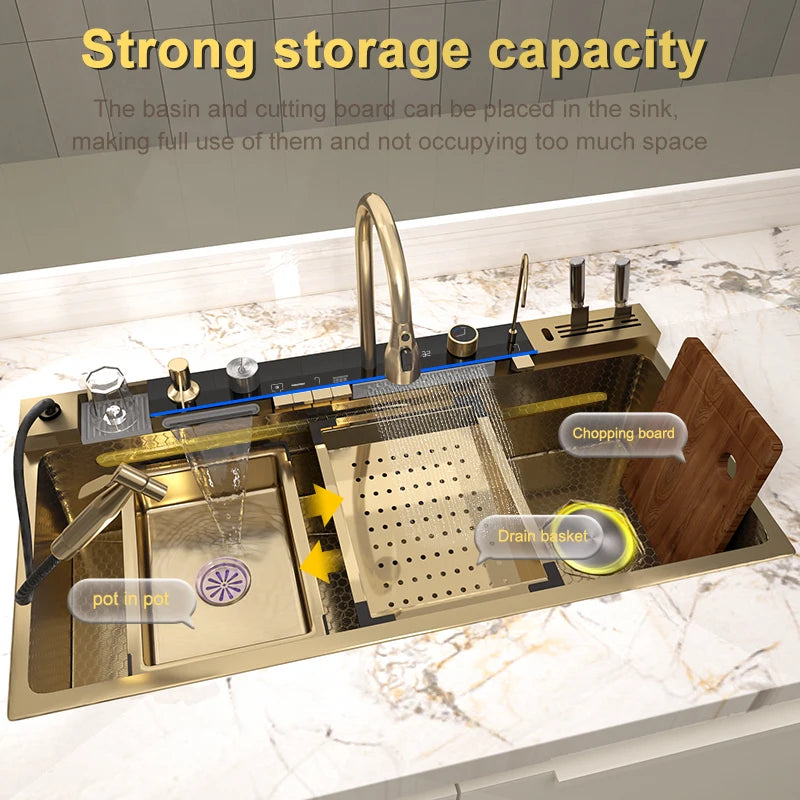 Stainless Steel Golden Kitchen Sink Faucet Waterfall Outlet