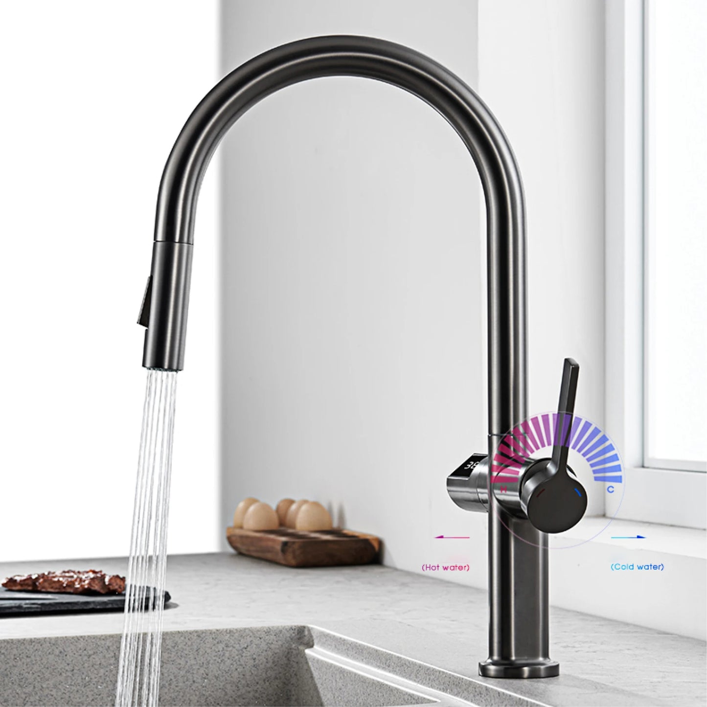 Luxury Brass Gun Gray Kitchen Faucet with LED Digital Sensing and Pull-Out Hot Cold Tap