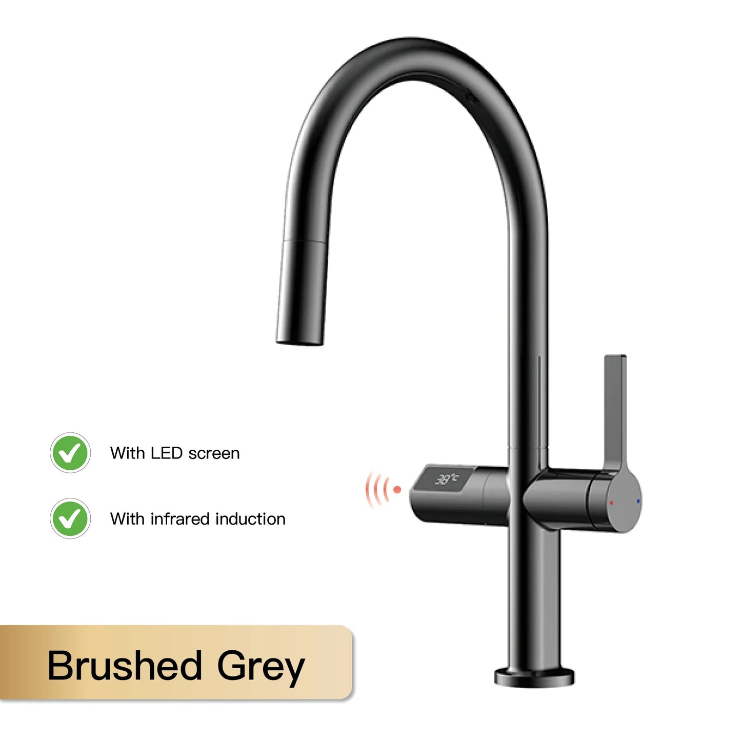 Luxury Brass Gun Gray Kitchen Faucet with LED Digital Sensing and Pull-Out Hot Cold Tap