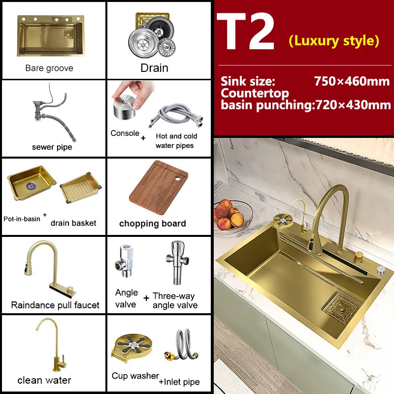 Stainless Steel Golden Kitchen Sink Faucet Waterfall Outlet
