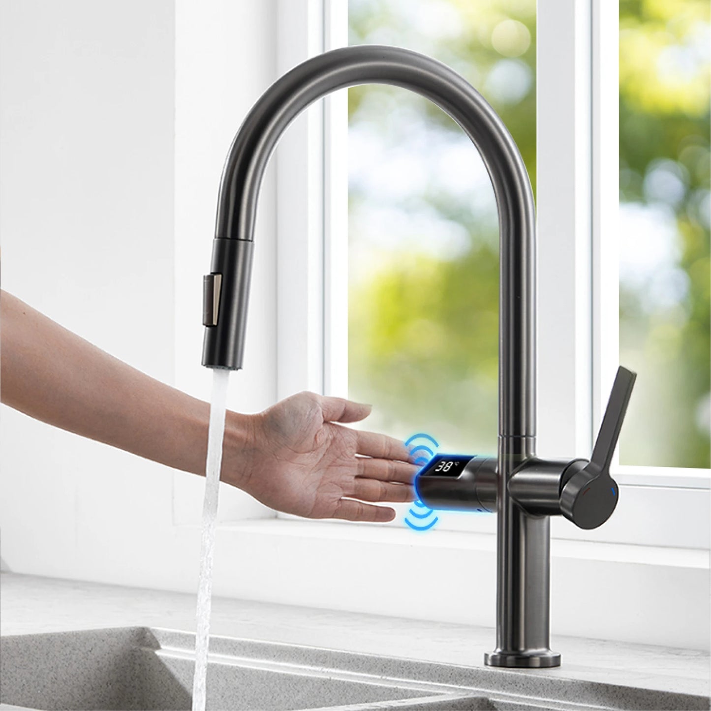 Luxury Brass Gun Gray Kitchen Faucet with LED Digital Sensing and Pull-Out Hot Cold Tap