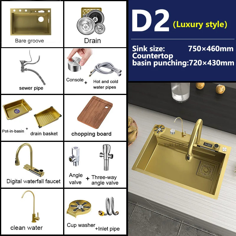 Stainless Steel Golden Kitchen Sink Faucet Waterfall Outlet