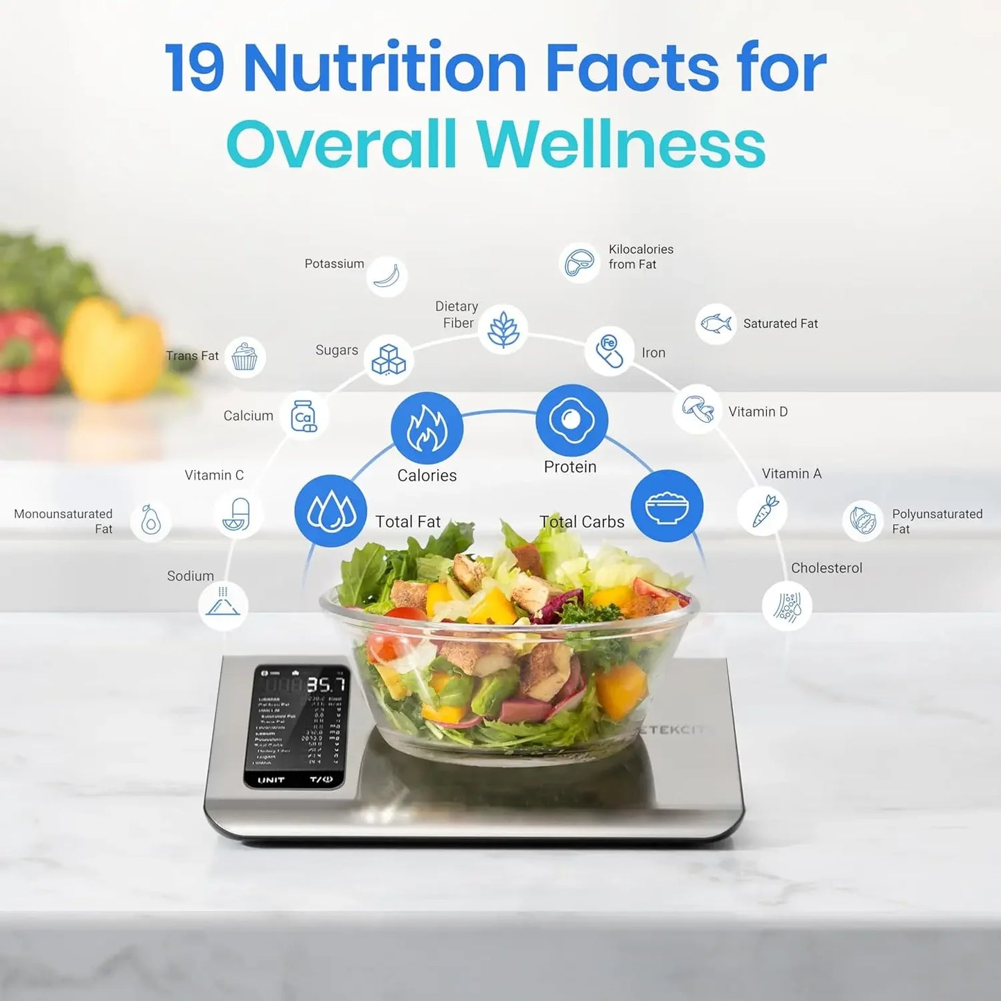 Smart Food Kitchen Scale with Nutritional Calculator and Free App for 19 Nutrients Tracking