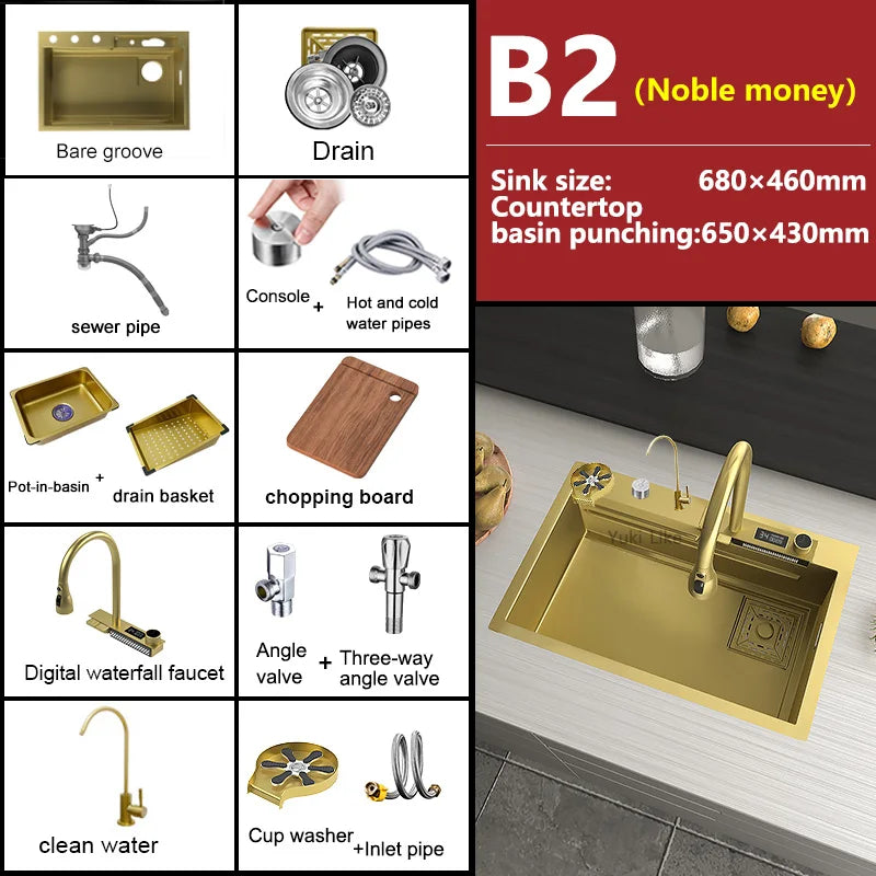 Stainless Steel Golden Kitchen Sink Faucet Waterfall Outlet