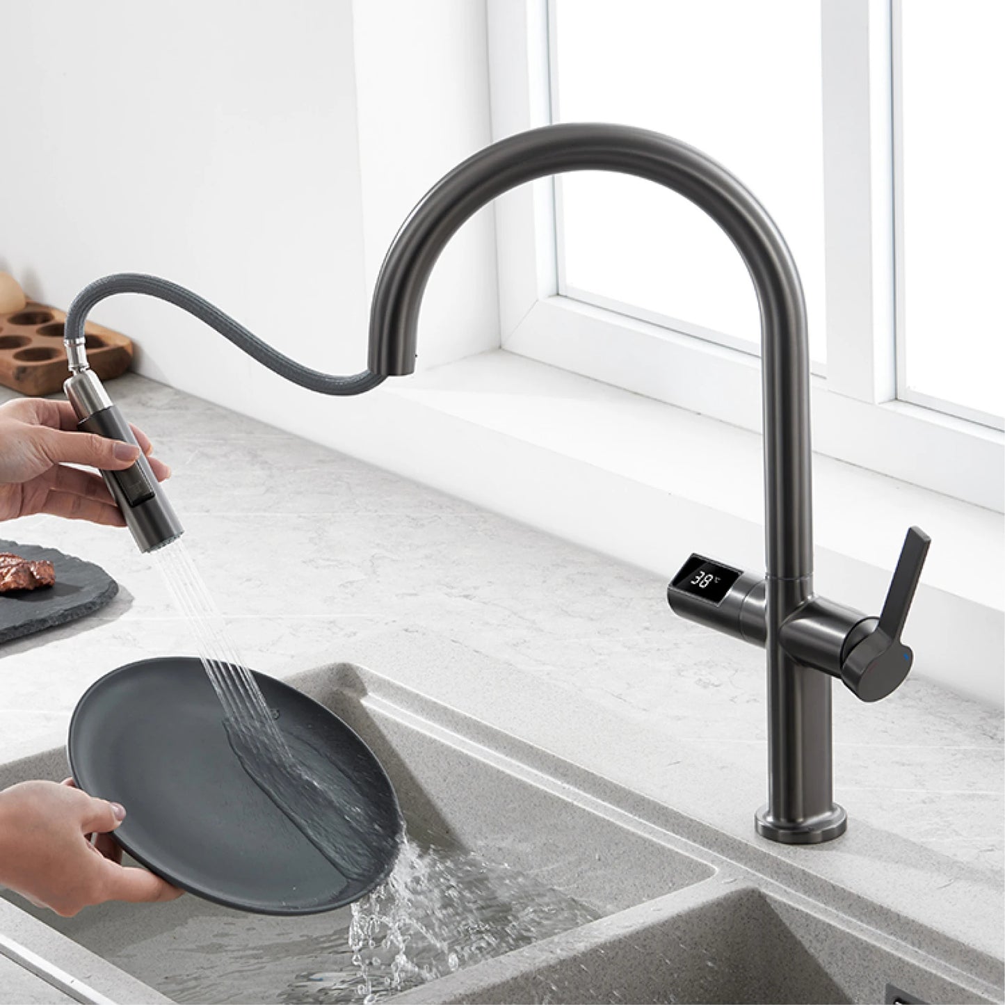 Luxury Brass Gun Gray Kitchen Faucet with LED Digital Sensing and Pull-Out Hot Cold Tap