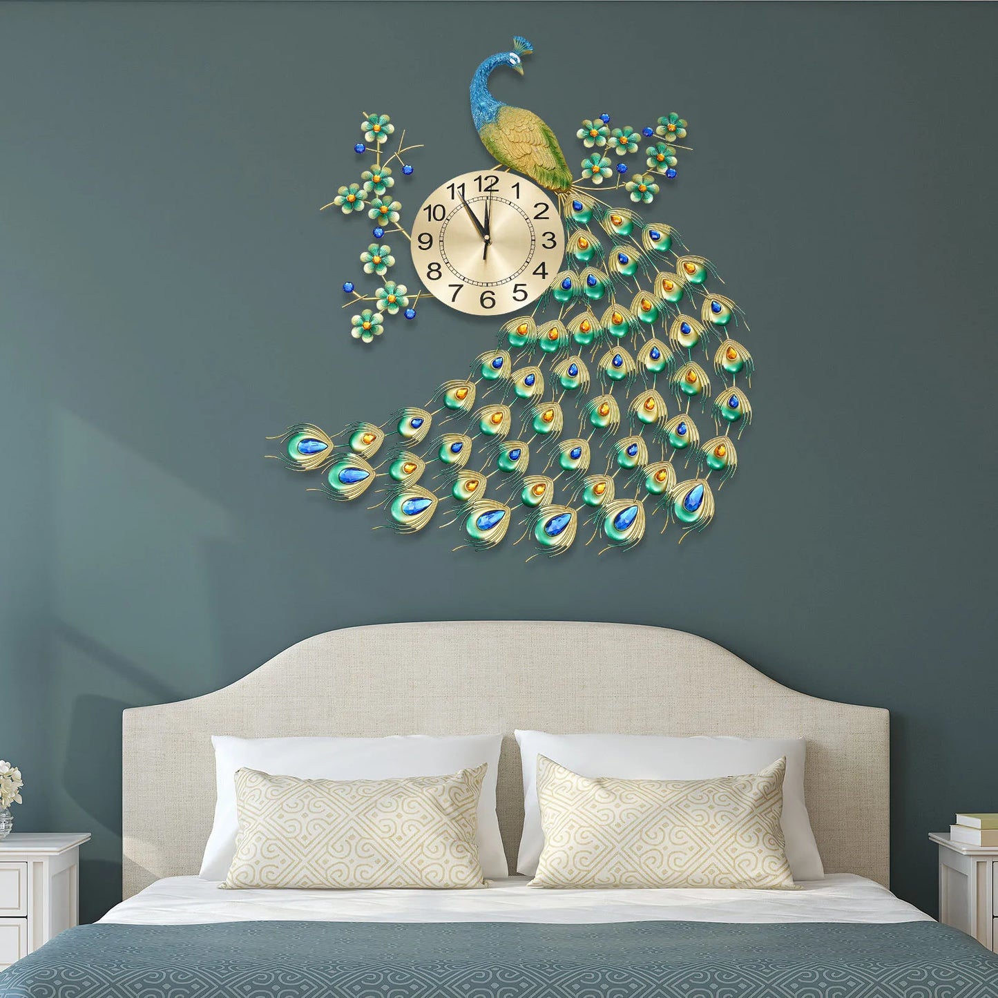 Luxury Peacock Wall Clock 8.26 Inch Metal 3D Art Decoration for Dining Room