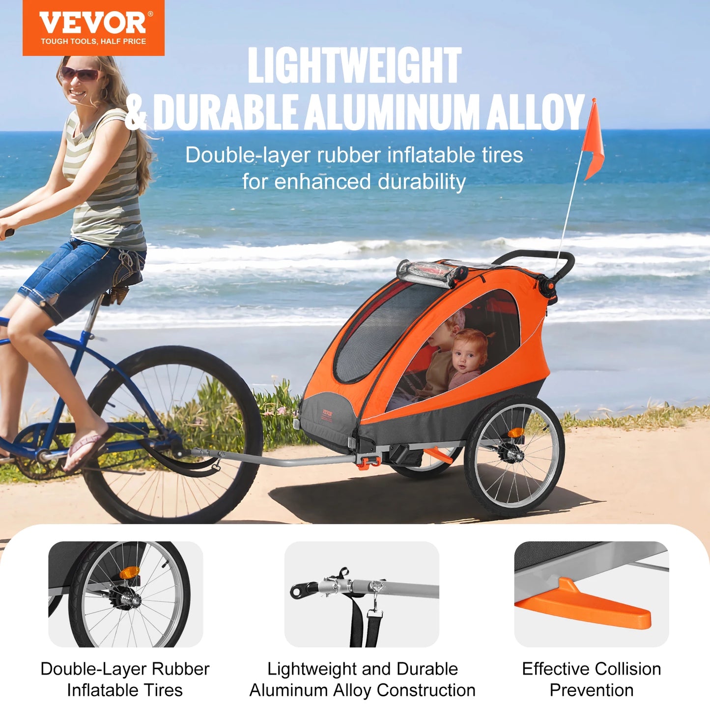 VEVOR 100/110/120 lbs Child Bike Trailer Canopy Carrier Stroller for Kids