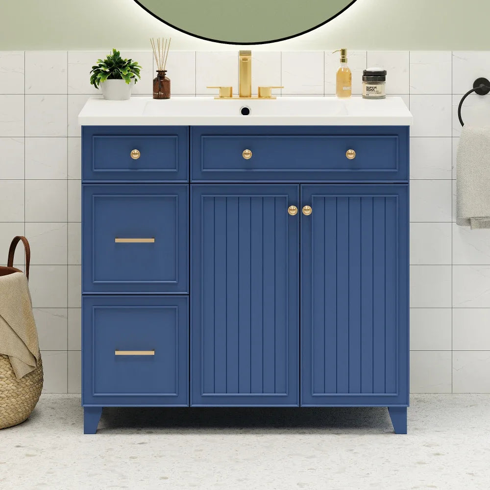 Navy Blue 36-Inch Bathroom Vanity with Resin Sink and 2 Drawers