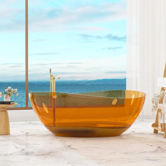 63" Freestanding Bathtub with Overflow and Pop-up Drain, Modern Oval Design for Soaking