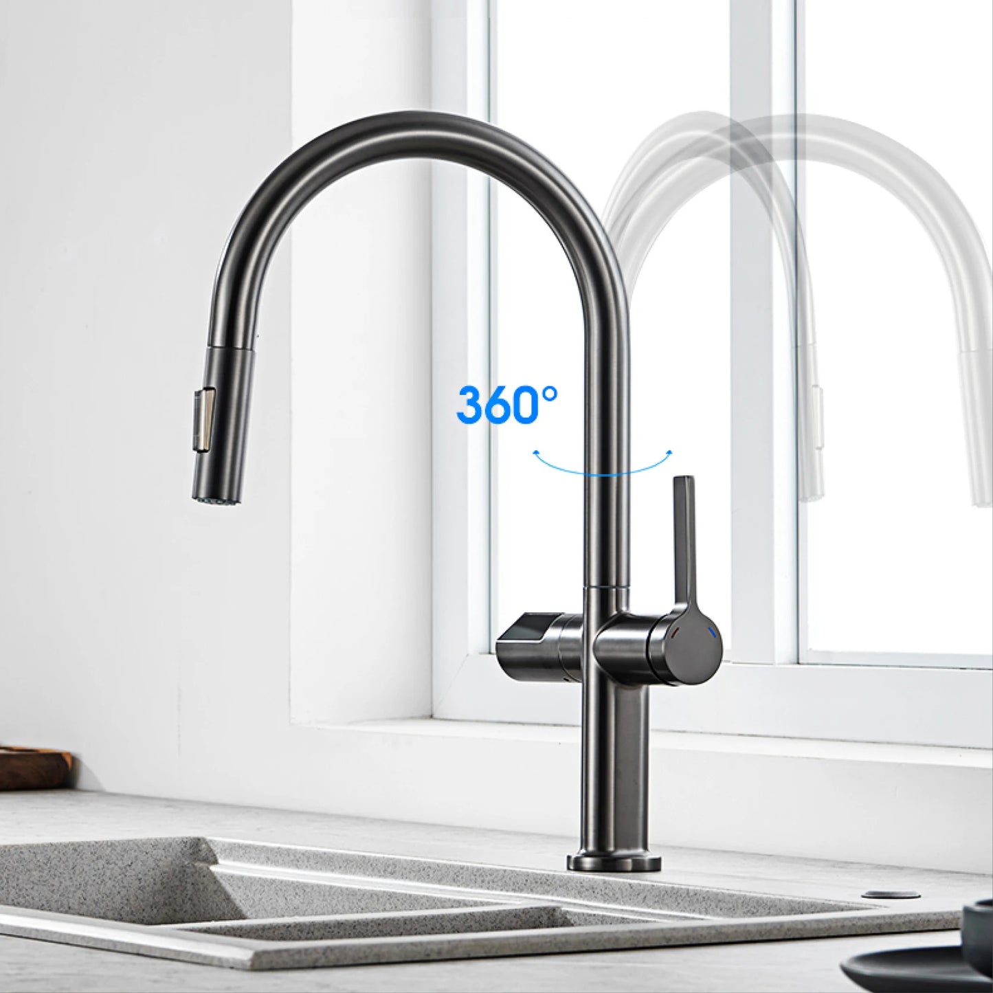 Luxury Brass Gun Gray Kitchen Faucet with LED Digital Sensing and Pull-Out Hot Cold Tap