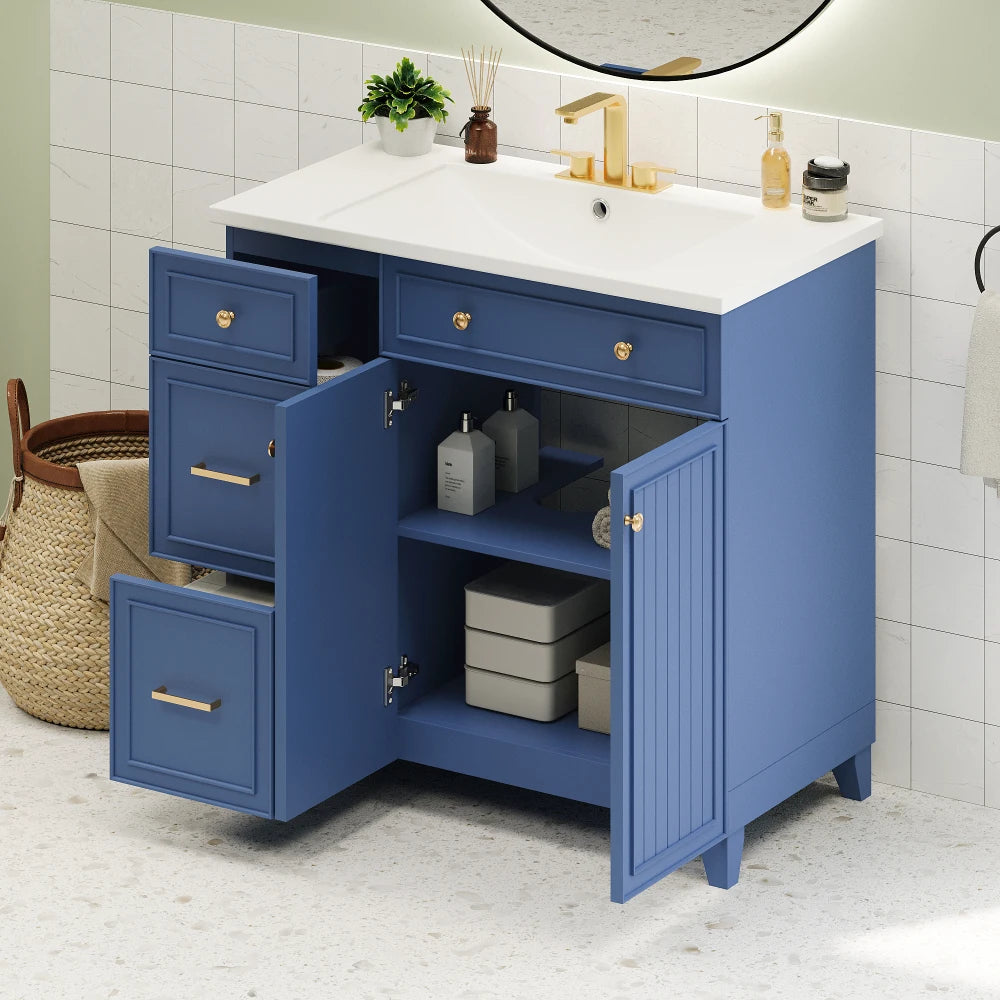 Navy Blue 36-Inch Bathroom Vanity with Resin Sink and 2 Drawers