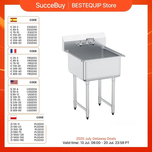 SucceBuy Stainless Steel Kitchen Prep Sink with Faucet Commercial Single Bowl Utility Sink