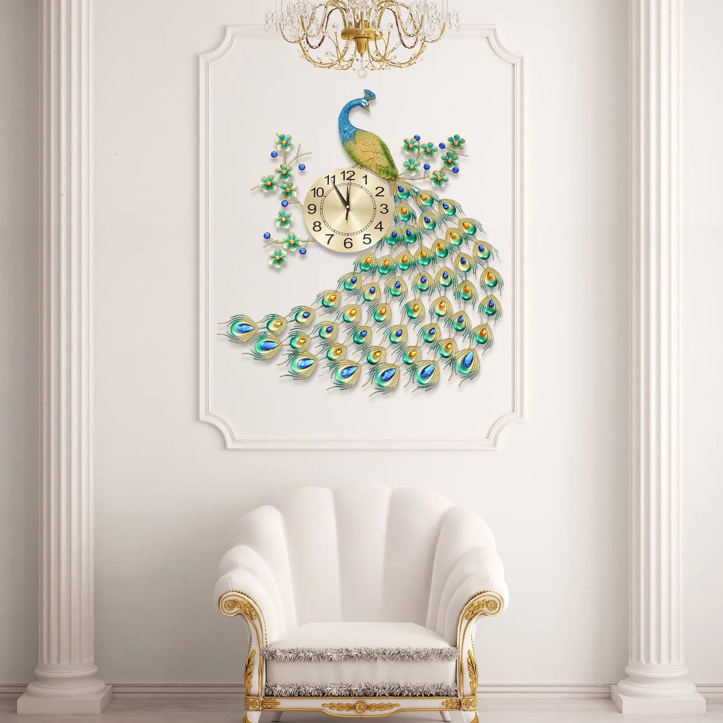 Luxury Peacock Wall Clock 8.26 Inch Metal 3D Art Decoration for Dining Room