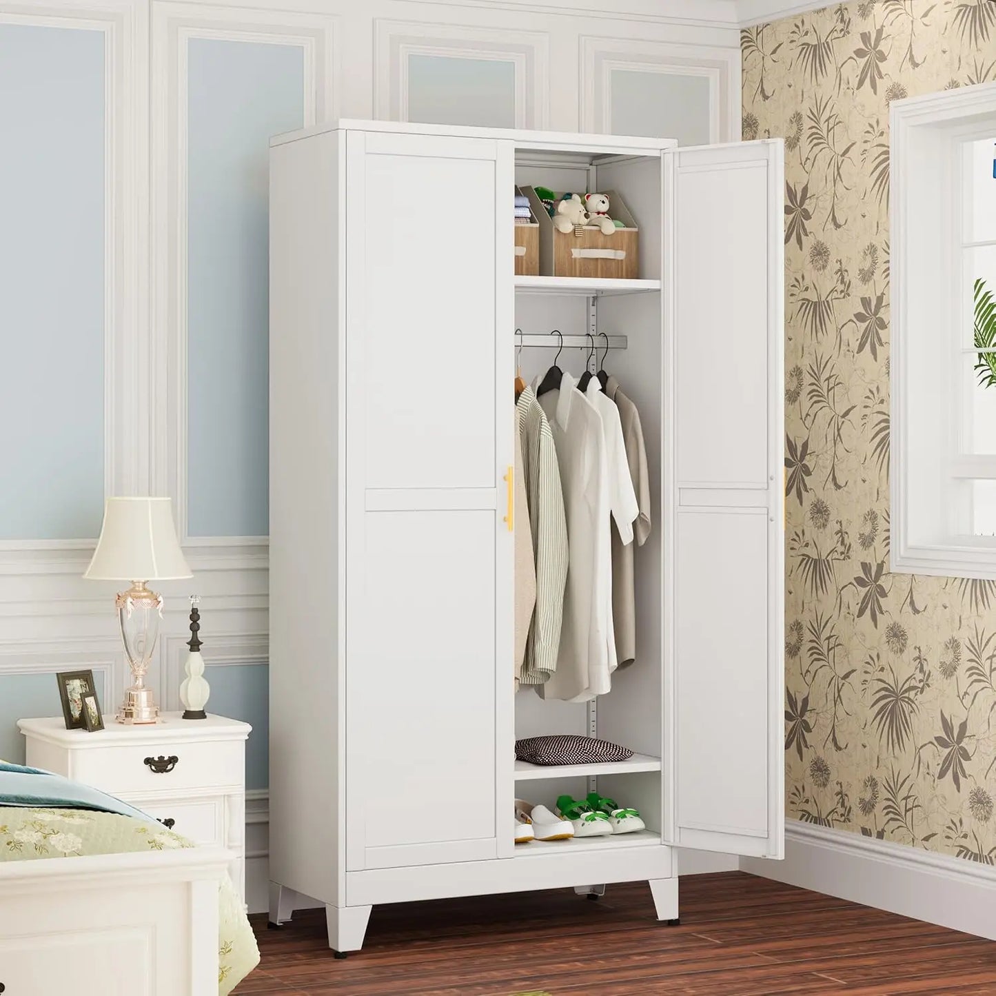 White Wardrobe Closet with 2 Doors and Adjustable Shelves