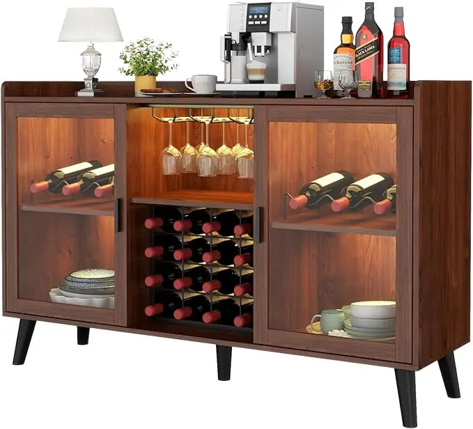 Wine Bar Cabinet with Led Light for Home Coffee and Glass Rack Storage Buffet Sideboard