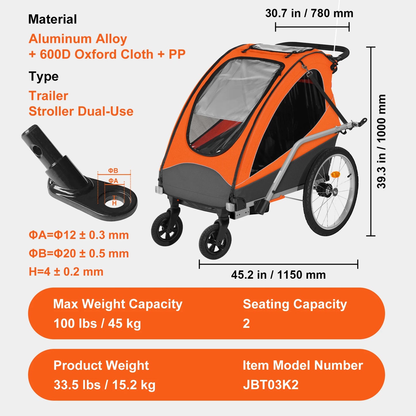 VEVOR 100/110/120 lbs Child Bike Trailer Canopy Carrier Stroller for Kids