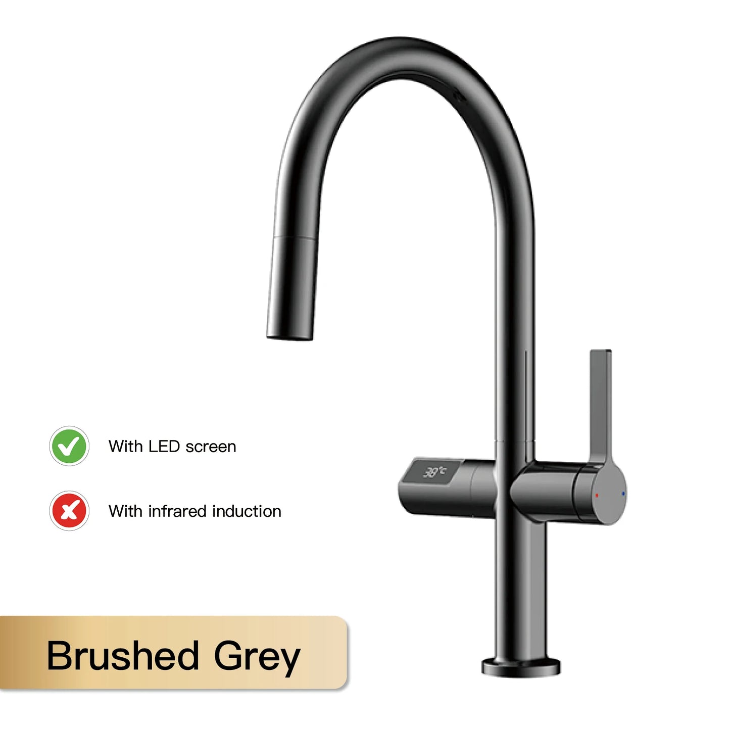 Luxury Brass Gun Gray Kitchen Faucet with LED Digital Sensing and Pull-Out Hot Cold Tap
