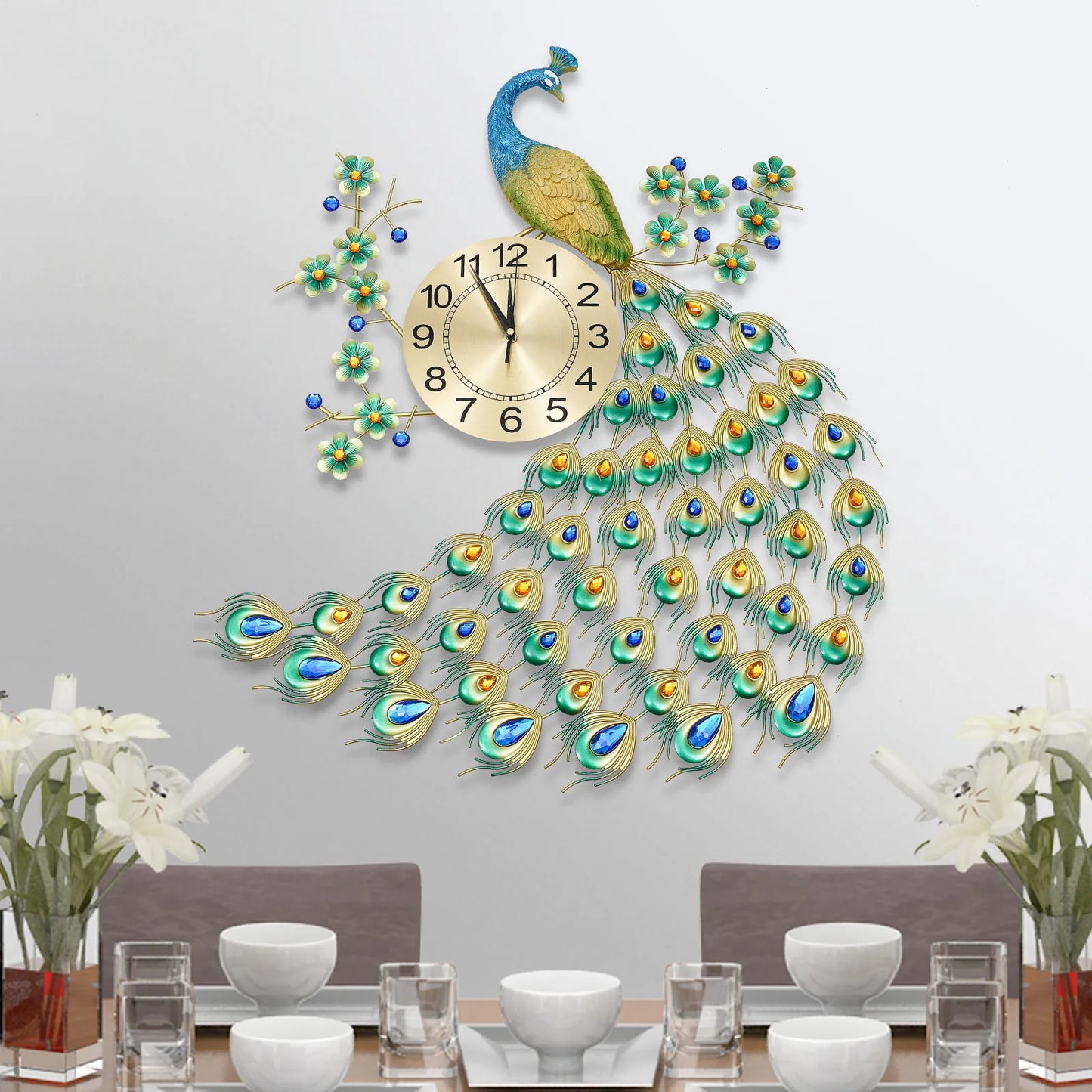 Luxury Peacock Wall Clock 8.26 Inch Metal 3D Art Decoration for Dining Room