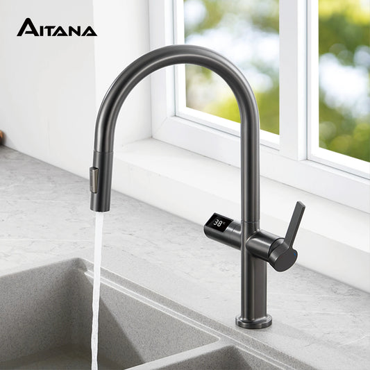 Luxury Brass Gun Gray Kitchen Faucet with LED Digital Sensing and Pull-Out Hot Cold Tap