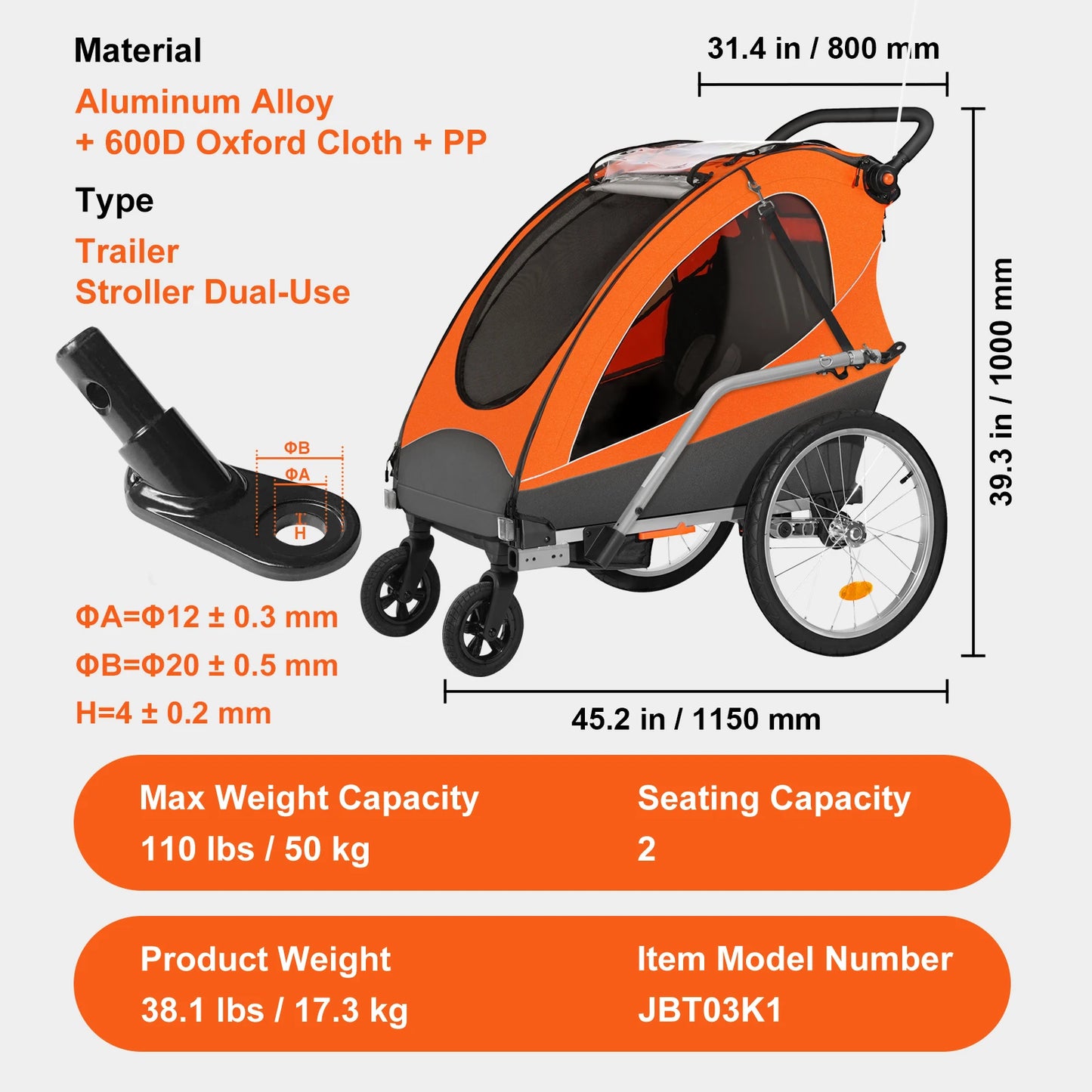VEVOR 100/110/120 lbs Child Bike Trailer Canopy Carrier Stroller for Kids