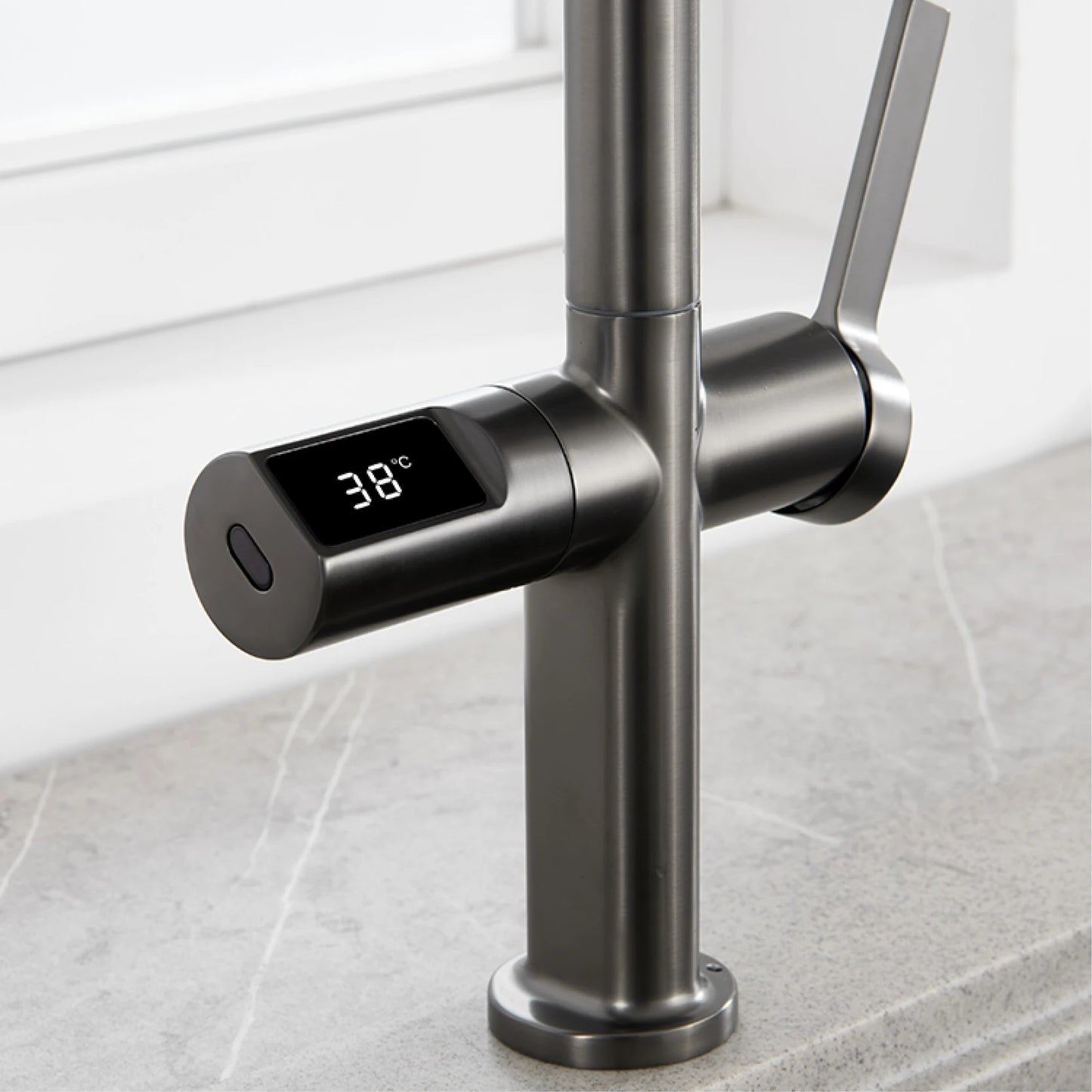 Luxury Brass Gun Gray Kitchen Faucet with LED Digital Sensing and Pull-Out Hot Cold Tap