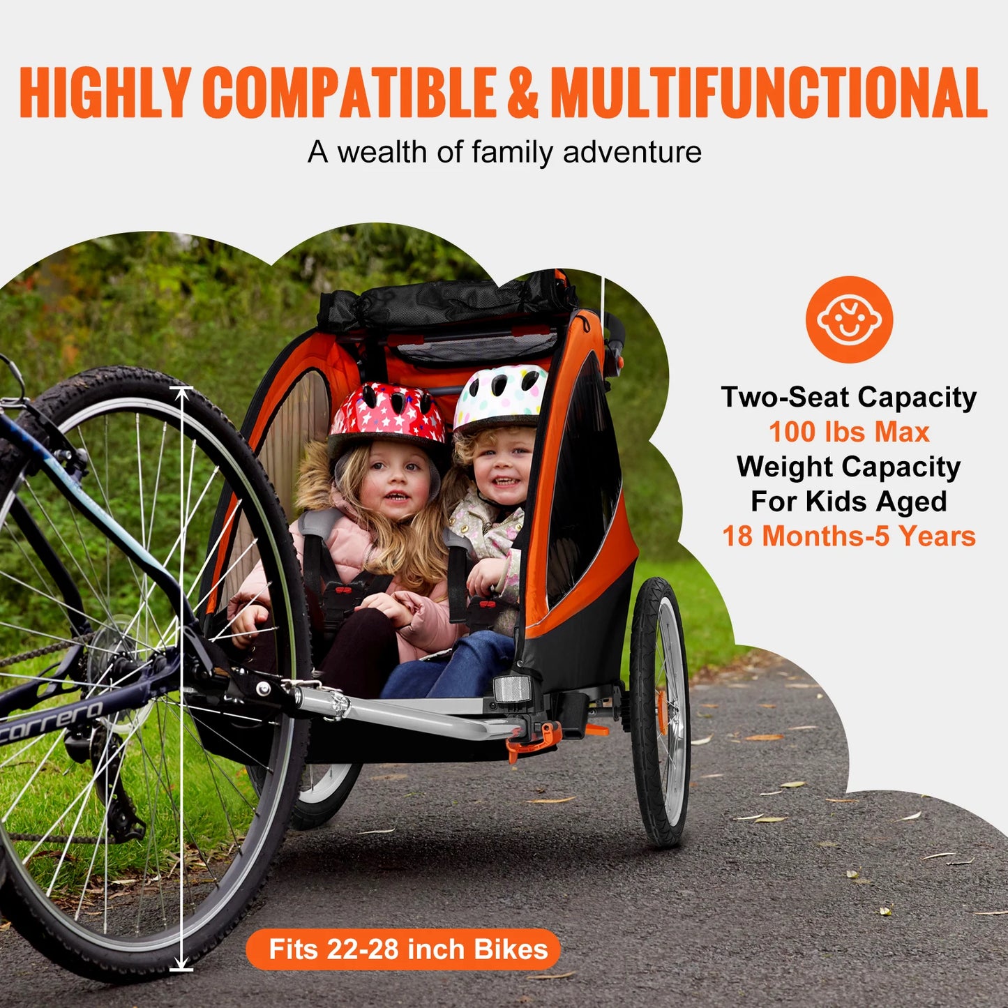 VEVOR 100/110/120 lbs Child Bike Trailer Canopy Carrier Stroller for Kids and Toddlers