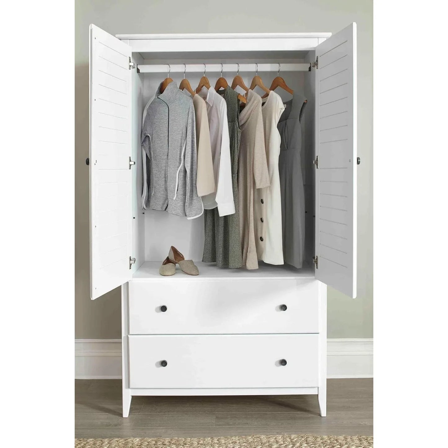 Greenport 2-Door Wardrobe Solid Wood with a Brushed White Finish for Modern Bedrooms